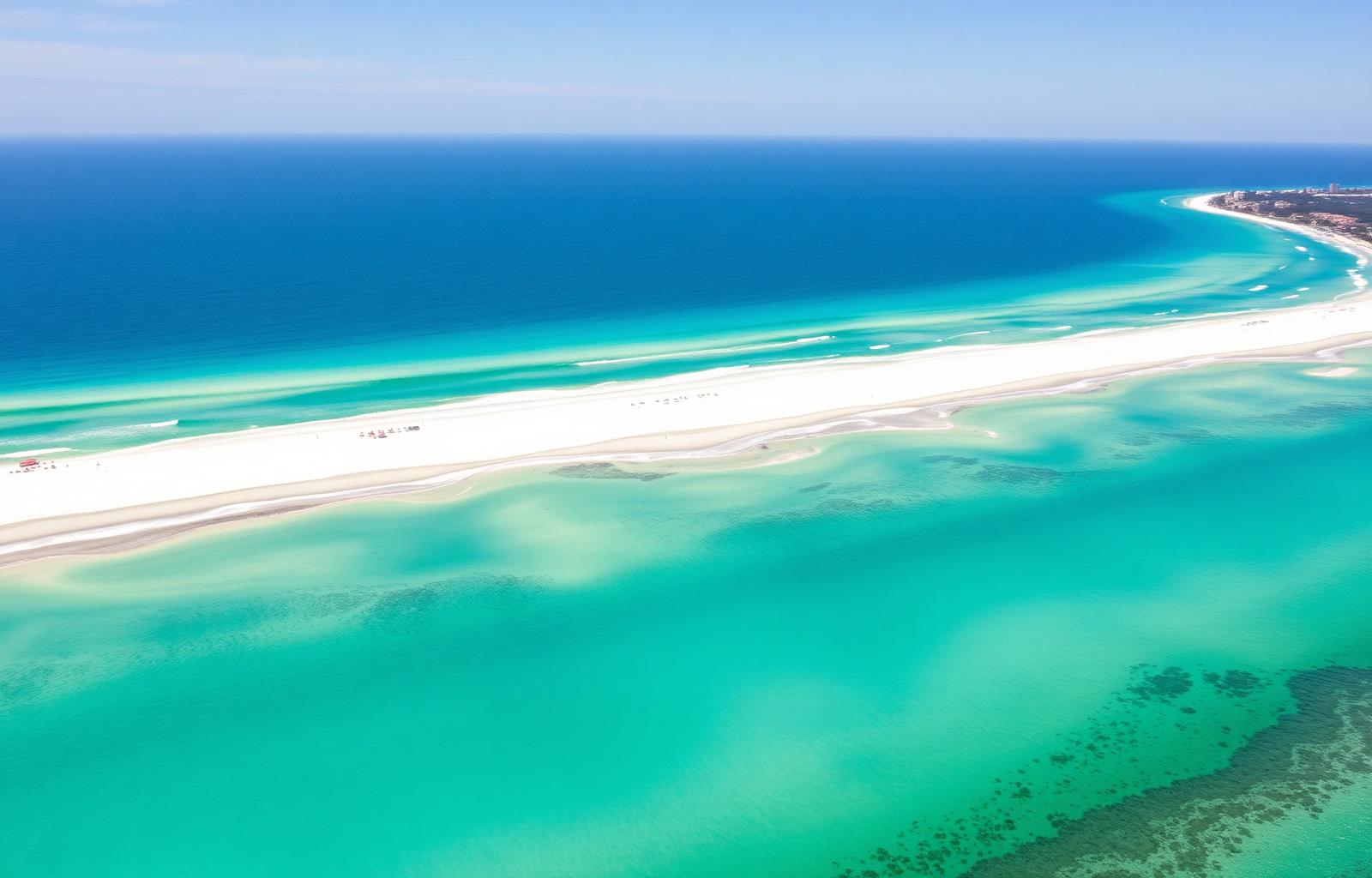 Aerial view of the Gulf Coast — emerald water and white sand beaches